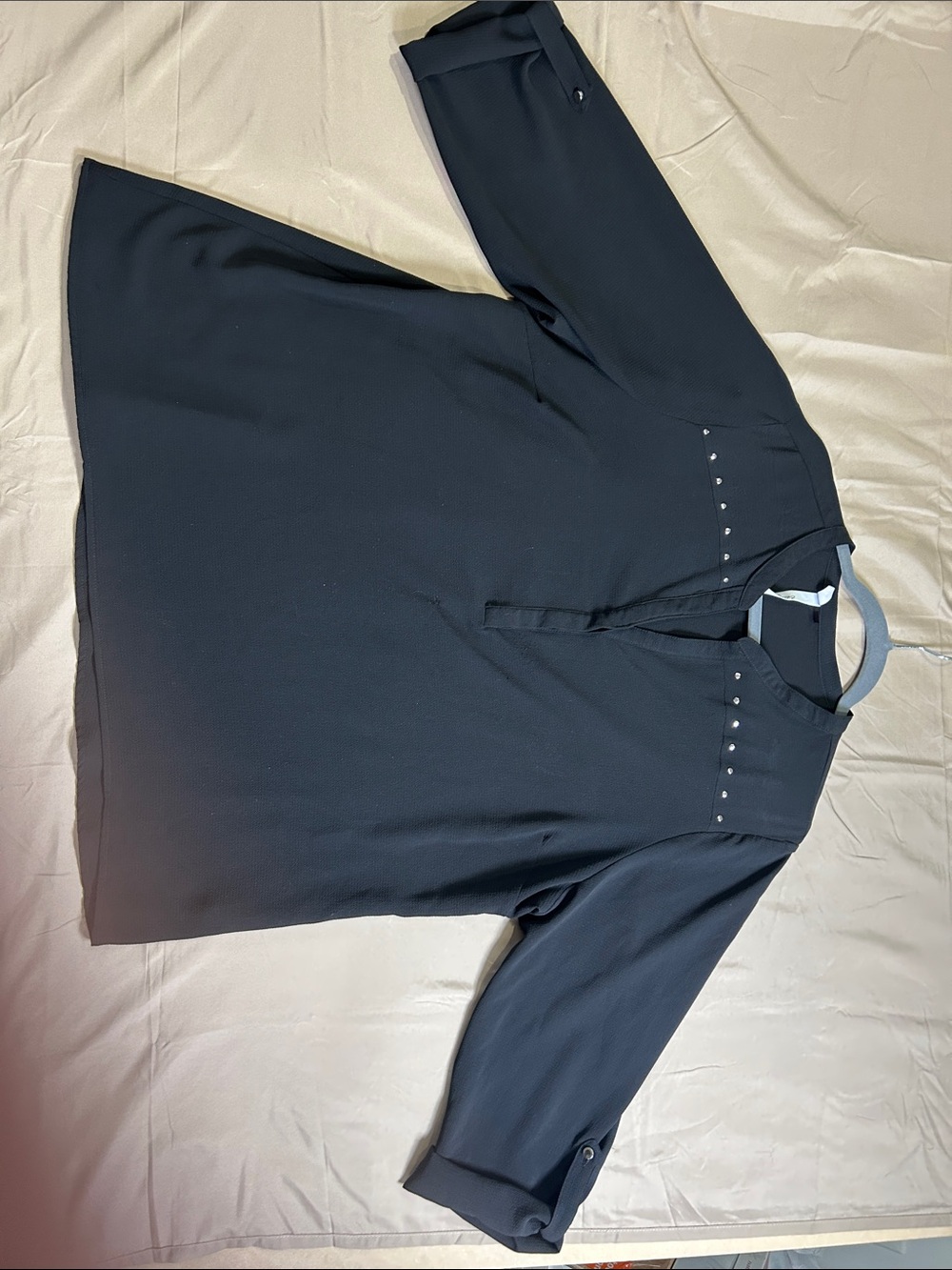 NY Collection Black Stud-Accent Button-Tab Sleeve Blouse